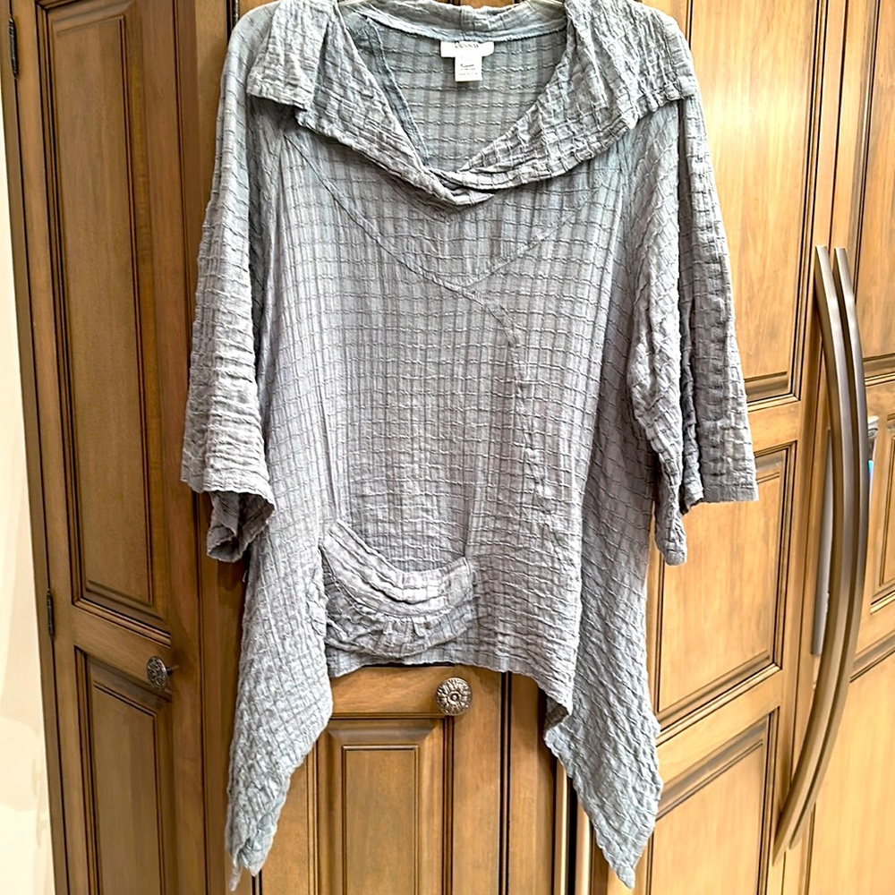 Dorman Blue Green Cotton Textured Tunic Top with Draped Collar